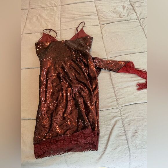 Dress the Population Red Sequined Fringe Lace Hem Cocktail Party Mini Dress Sz S - Picture 2 of 5